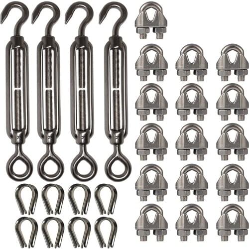 4-Pcs Turnbuckle/Tension(Eye&Hook, M6), 16-Pcs 1/8 Inch Wire Rope Cable Clip/Clamp(M3), 8-Pcs Thimble(M3), Stainless Steel Kit