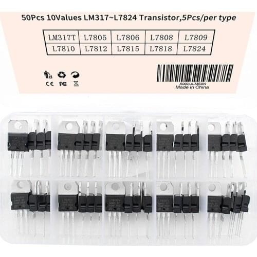 50pcs Mosfet Transistor Assortment Electronic Kit L7812 LM317T L7805 L7806 L7808 L7809 L7810 L7815 L7818 L7824 10 Value*5pcs