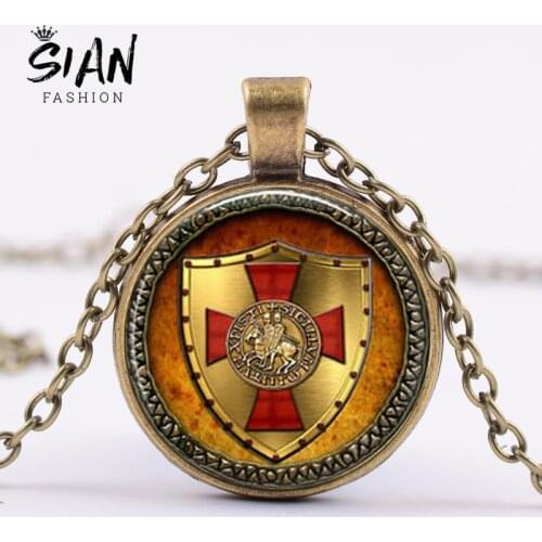 SIAN Masonic Knights Templar Necklace Bronze Plated Alloy Crusaders Solomons Temple Badge Sheild Pendant Necklace Cosplay Gifts