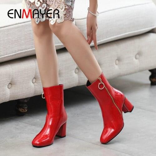 ENMAYER 2020 Patent Leather Shoes Woman Basic Square Heel Zip Round Toe High Heel Boots Short Plush Ankle Boots for Women 34-42