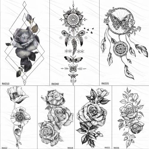 OMMGO Black Henna Dream Catcher Feather Temporary Tattoos Sticker Rose Leaf Body Art Arm Fake Tatoos Custom Tattoo Waterproof