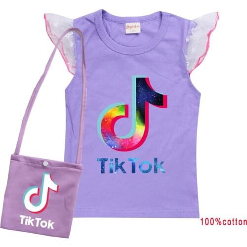 TIK TOK cotton short-sleeved T-shirt +bag girls flying sleeves cotton top Childr summer fashion Casual clothing