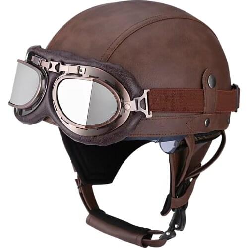 Motorcycle Helmet Retro Motor Bike Helmet Vintage Classic Half Leather Helmet with Goggles Pedal Locomotive Prince Cap Brown 328