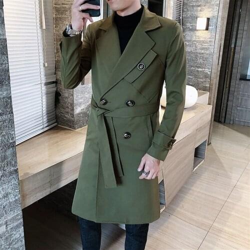 Men Trenchcoat British Style Double Breasted Lapel Collar Long Slim Outwear New Mens Fashion Solid Business Casual Windbreaker