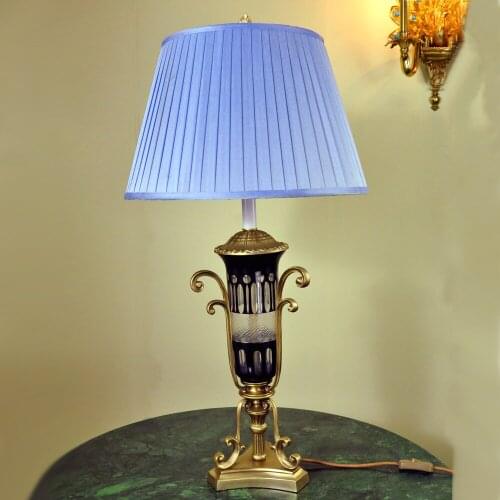 French Antique Reproduction Table Lamp Brass and Carved Glass Base with Fabric Shade Desk Light for Different Rooms