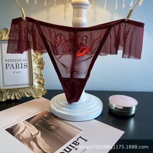 2021 new embroidery thong sexy lace T pants cute ruffled transparent hot temptation comfortable cotton crotch panties women