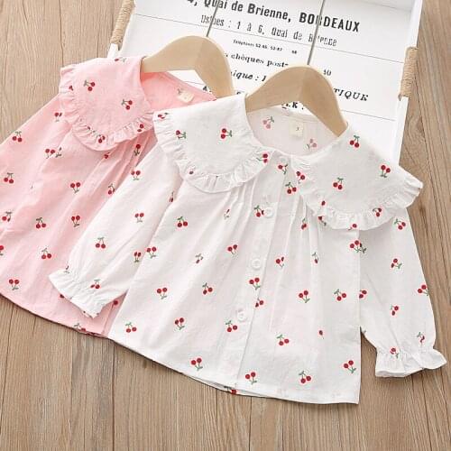Girls Cotton Spring and Autumn New Lapel Shirt Baby Foreign Air Little Cherry White Baby Shirt Underneath Girls Shirt 4-6Y