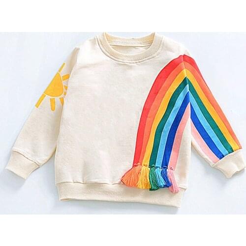 Long Sleeve Baby Girls Sweatshirt Children Tassels Casual Clothes Kids Rainbow Sunshine Printed Fashion T Shirt Tops Girl Outfit