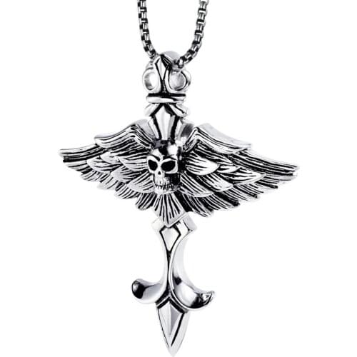 RIR Retro Fashion Punk Style Gold Color Evil Skull Angel Wings Pendants Necklaces Stainless Steel Pendant Mens Hip Hop Jewelry