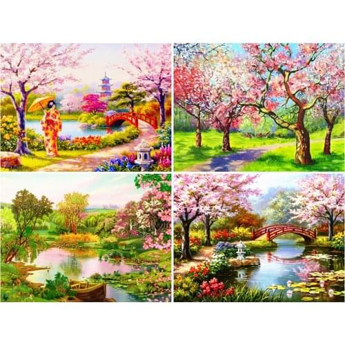 KAMY YI Landscape Cherry Blossom Gazebo Geisha Cross Stitch 5D Diy Full Diamond Embroidery Mosaic Art Craft Home Decoration