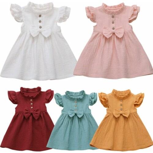 Toddler Baby Girl Ruffles Dress Summer Short Sleeve Cotton Linen Dress