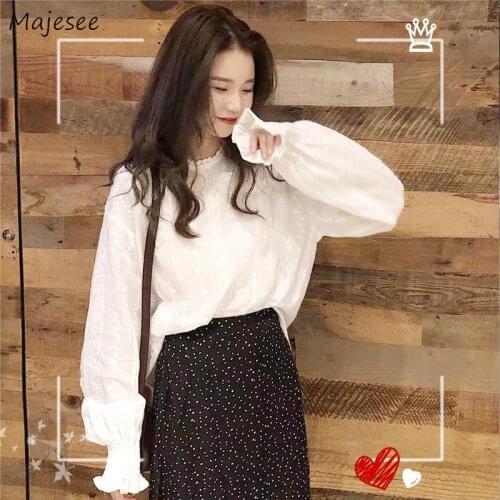 Shirts Women White O-neck Ruffles Lantern Sleeve Korean Preppy Style Sweet Lovely Vintage Office Ladies Loose Stylish Chic Tops