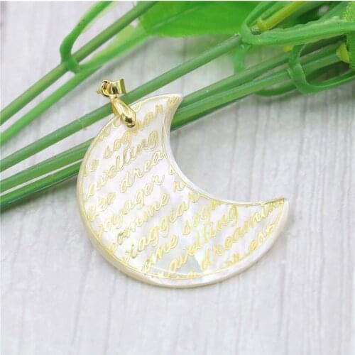 Alloy White Letters On Crescent Moon Natural Abalone Shell Pendant Silver-plated DIY Necklace Women Girl Jewelry Making Design