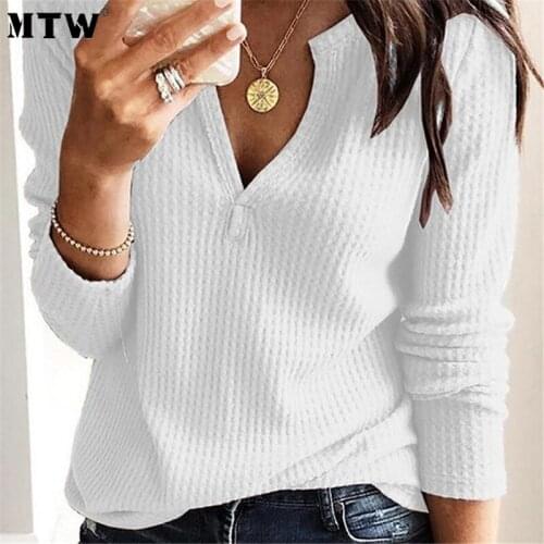 Autumn Spring White Tee Shirts Women Basic Knitted T Shirt 2020 Sexy V Neck Long Sleeve Loose Solid Casual Tops
