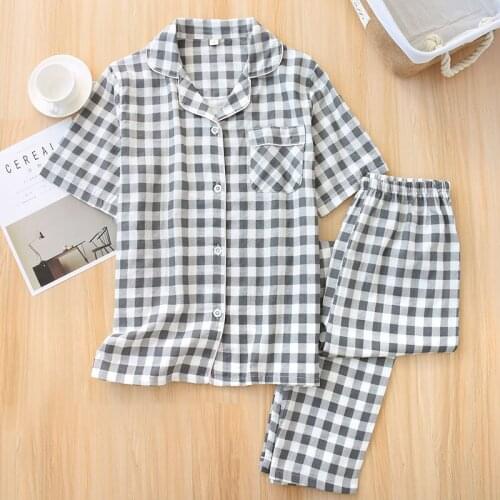 Spring Plaid Short-Sleeved Trousers Pajama Set Cotton Pijama Mujer Couples Lapel Plus Size Loose Sleepwear Home Clothes 2 Piece