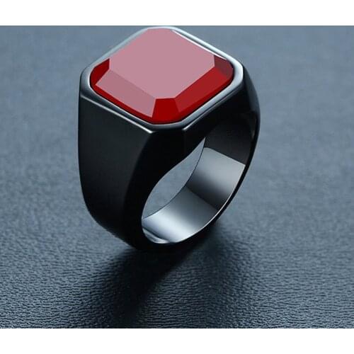 Modyle Vintage Mens Square Carnelian Signet Ring In Red Nature Stone Statement Black Stainless Steel Ring for Man Wholesale
