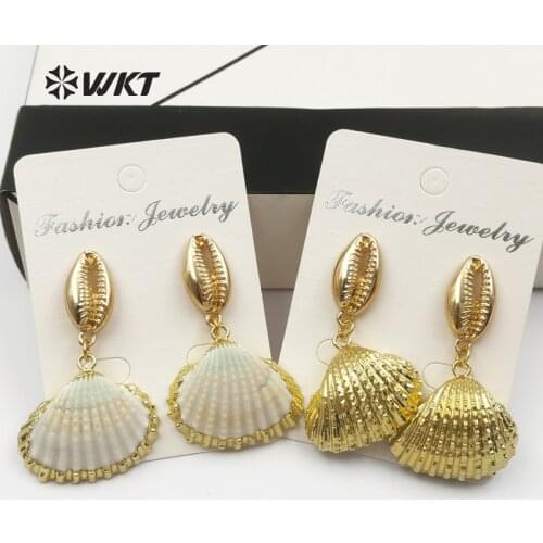 WT-E439 WKT Female elegant natural shell dangle earrings scallop shell pendant with full gold metal plated studs 2018 new design