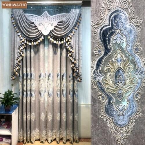 Custom curtain thick chenille simple gray villa embroidered window screen cloth blackout curtain valance tulle drapery C768
