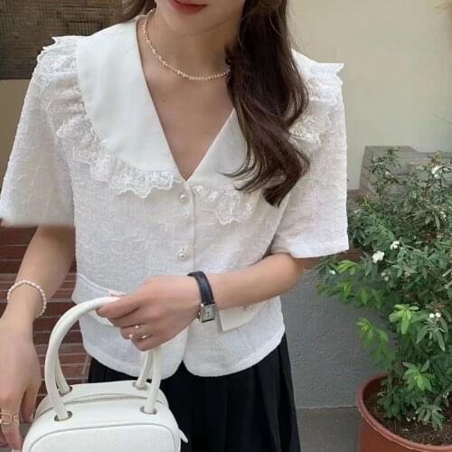 Summer Blouse Women Korean Fashion Sweet Lace Women Tops Peter Pan Collar Pockets Short Sleeve Loose Pleated Shirt New 14791