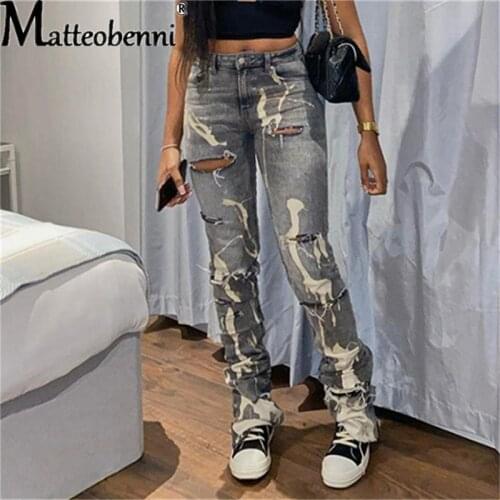 2021 Womens Irregular Holes Printed Jeans Ladies Casual Straight-Leg Denim Pants Elastic High-Waist Fashion High Street Trousers