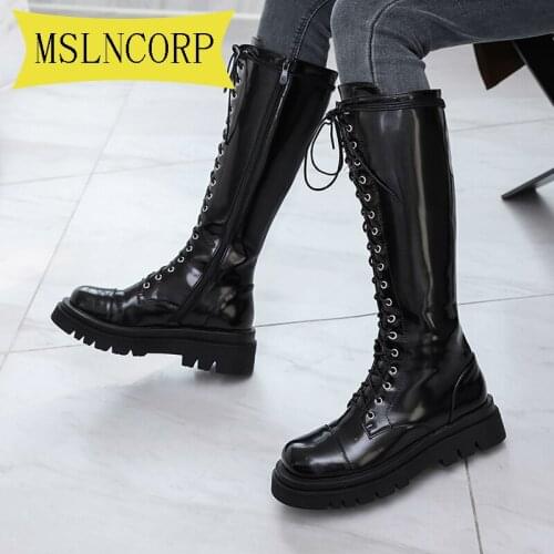 Big Size 34-43 Winter Chunky Platform Pu Leather Knee High Boots Women Punk Increasing Long Woman Lace Up Booties Mujer 2020 Zip