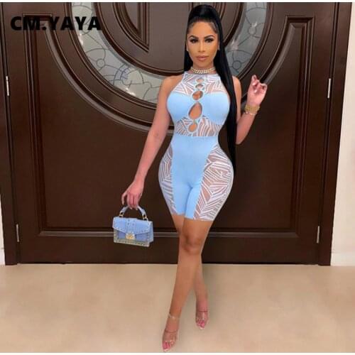 CM.YAYA Women Playsuit Patchwork Sleeveless O-neck Cut Out Strechy Bodycon Playsuits Sexy Rompers One Piece Overalls Summer 2021