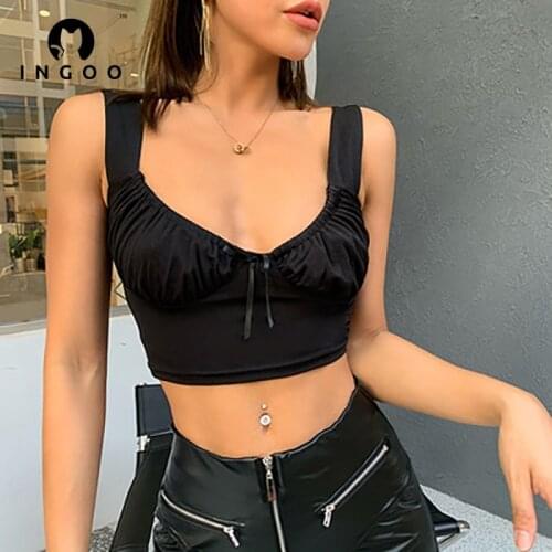 INGOO Pleated Sling Bodycon Crop Tops Women Y2K Sexy Sleevless Bowknot Solid Tank Top Casual Streetwear Camis V Neck Slim Vest