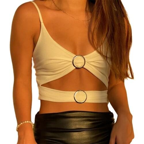 Women Solid Color Sleeveless Spaghetti Strap Crop Top Summer Simple Metal Ring Hollow Sexy Casual Girl Camisole