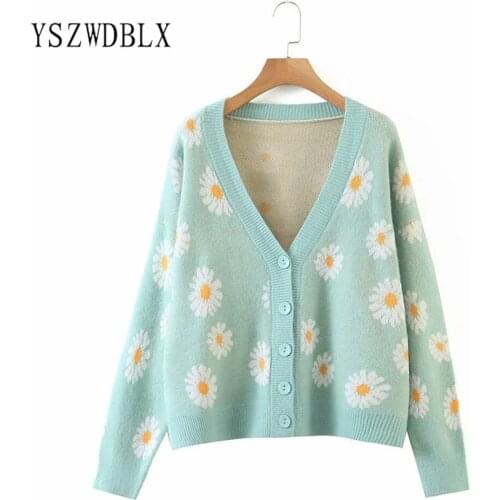 Women Cardigns 2021 Autumn Winter Knitted Flowers Sweater Sweet Cute Cardigans Long Sleeve V-neck Spring Oversized Outerwears