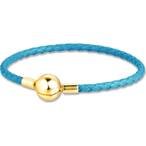 100% 925 Sterling Silver Shine Round Clasp Bright Purple Sky Blue White Charm Leather Bracelets for Women Fashion Jewellery