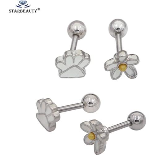 2Pcs Cute Flower Bear Feet Shape 16 Gauge Earrings Ear Cartilage Tragus Helix Piercing 1.2*6mm 316L Steel Upper Ear Stud