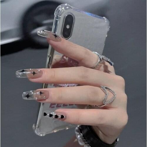 24pcs Fake Nails Star 3D Diamond Design Removable Long Paragraph Transparent Fashion Manicure Fully Covered Nail Decoration