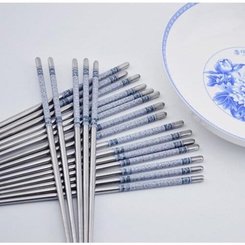 5 Pairs/Set Elegant Flower Print Stainless Steel Dinner Chopsticks For Home Restaurant