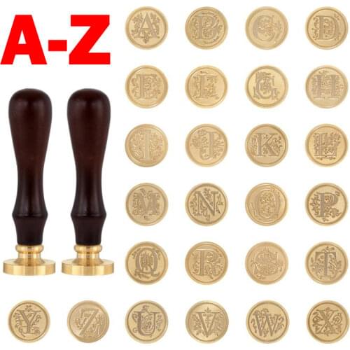 A-Z 26 Alphabet Flower Pattern Wax Seal Stamp 2PCS Beech Handles + English Letter Floral Lacquer Seal Stamp for Wedding Envelope