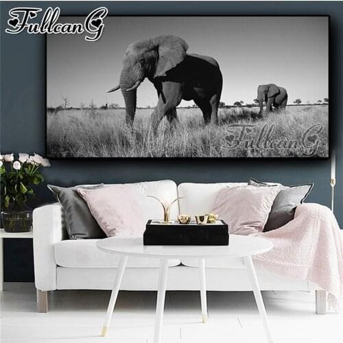 FULLCANG black white animals steppe elephant large size 5d diy diamond painting full mosaic square round embroidery sale FC2357