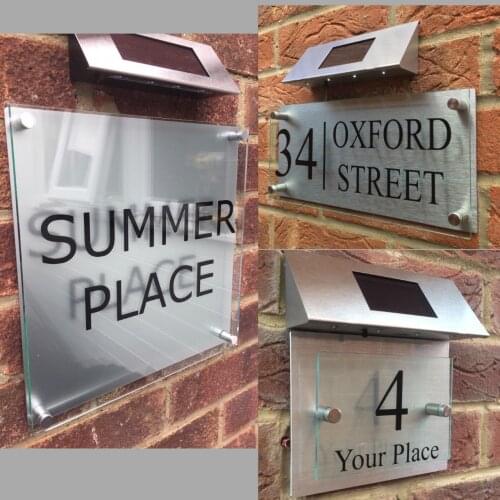 DIY House Number MODERN HOUSE SIGN PLAQUE DOOR NUMBER STREET GLASS ALUMINIUM EFFECT SOLAR LED