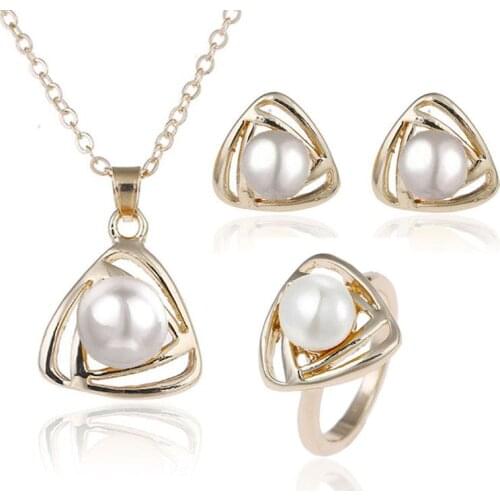 Fine jewelry 925 sterling silver suitable for ladies wedding pearl set triangle gold white necklace earrings ring set yw014