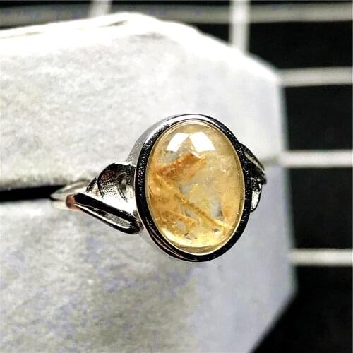 Real Natural Gold Rutilated Quartz Ring For Woman Man Crystal 12x10mm Oval Beads Silver Gemstone Adjustable Ring Jewelry AAAAA