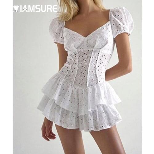 IAMSURE Hollow Out Summer Dress Sexy Slim See Through Solid Square Collar Short Sleeve Mini Ball Gown Dreesses For Women 2021