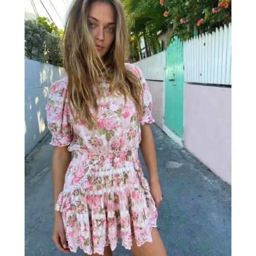 Summer 21 oveshacky Lace embroidery stitching sweet floral puff sleeve ruffle dress