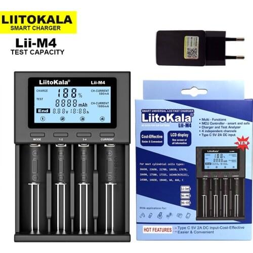 LiitoKala Lii-M4 18650 Charger LCD Display Universal Smart Charger Test capacity for 26650 18650 21700 AA AAA etc 4slot 5V 2A
