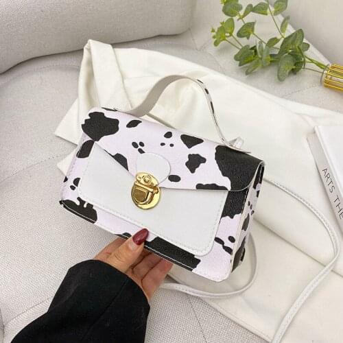New Fashion Womens Small Square Bag Cow Milk Print Pattern Messenger Bags PU Leather Lady Casual Cute Shoulder Crossbody Bag