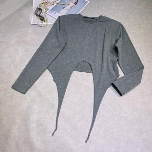 Fashion ladies 2021 new long-sleeved sexy casual solid color cross-knotted shoulder pad T-shirt 0106