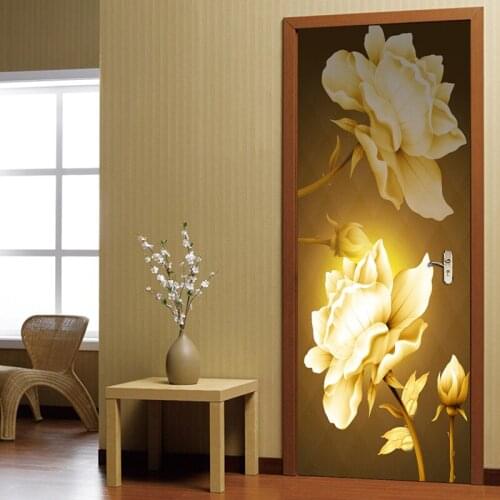 Retro Floral Flowers Door Sticker European Style Wallpaper For Bedroom Living Room Door Decor Poster PVC Waterproof Wall Decals
