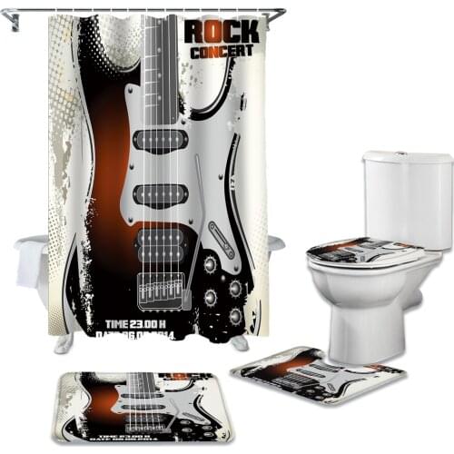 Rock Music Guitar Shower Curtain Sets Non-Slip Rugs Toilet Lid Cover and Bath Mat Waterproof Bathroom Curtains