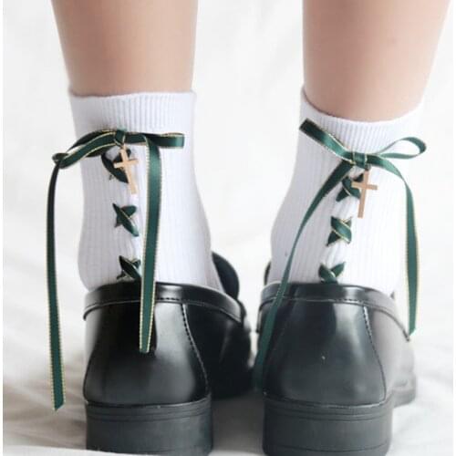 Black White JK Girl Gothic Criss Cross Ribbon Bow Metal Star Cross Moon Pendant Cotton Socks Lolita Middle Tube Women Sock 2021