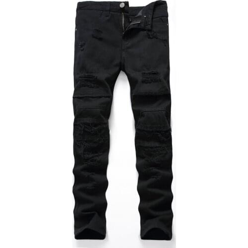 2021 New Fashion zipper skinny denim jeans for men plus size trousers elasticity damaged knee pad torn design large size