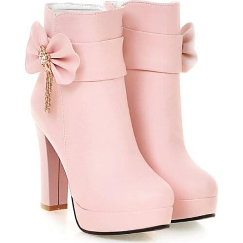 2019 Autumn Korean Womens Pink Dress Booties Shoes Princess Bow High Heels Black And White Platform Ankle Boots For Winter