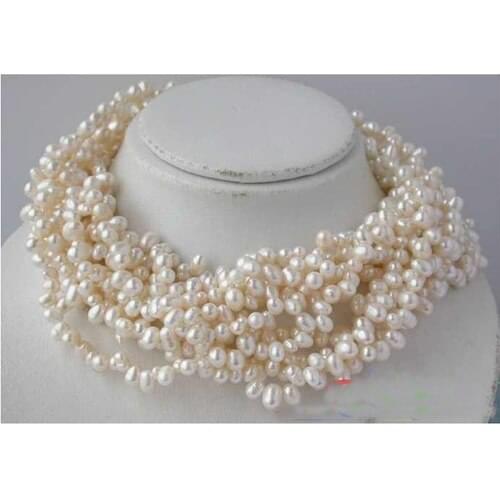 Freshwater Pearl Necklace,AAA 10 Rows 5-7mm White Rice Cultured Pearl Jewellery,New Free Shipping