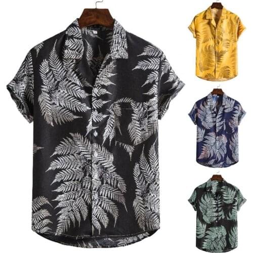 Plus Size Casual Hawaiian Shirts Men Leaf Print Single Breasted Mens Shirts Short Sleeve Turn Down Collar Slim Men Shirts Top
